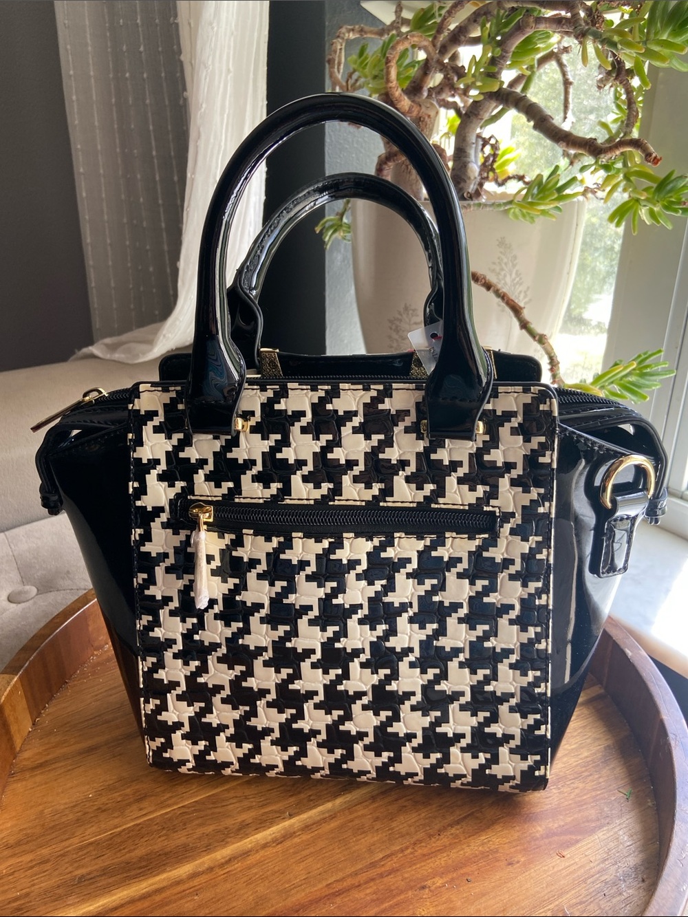 Black & White Houndstooth Satchel Tote